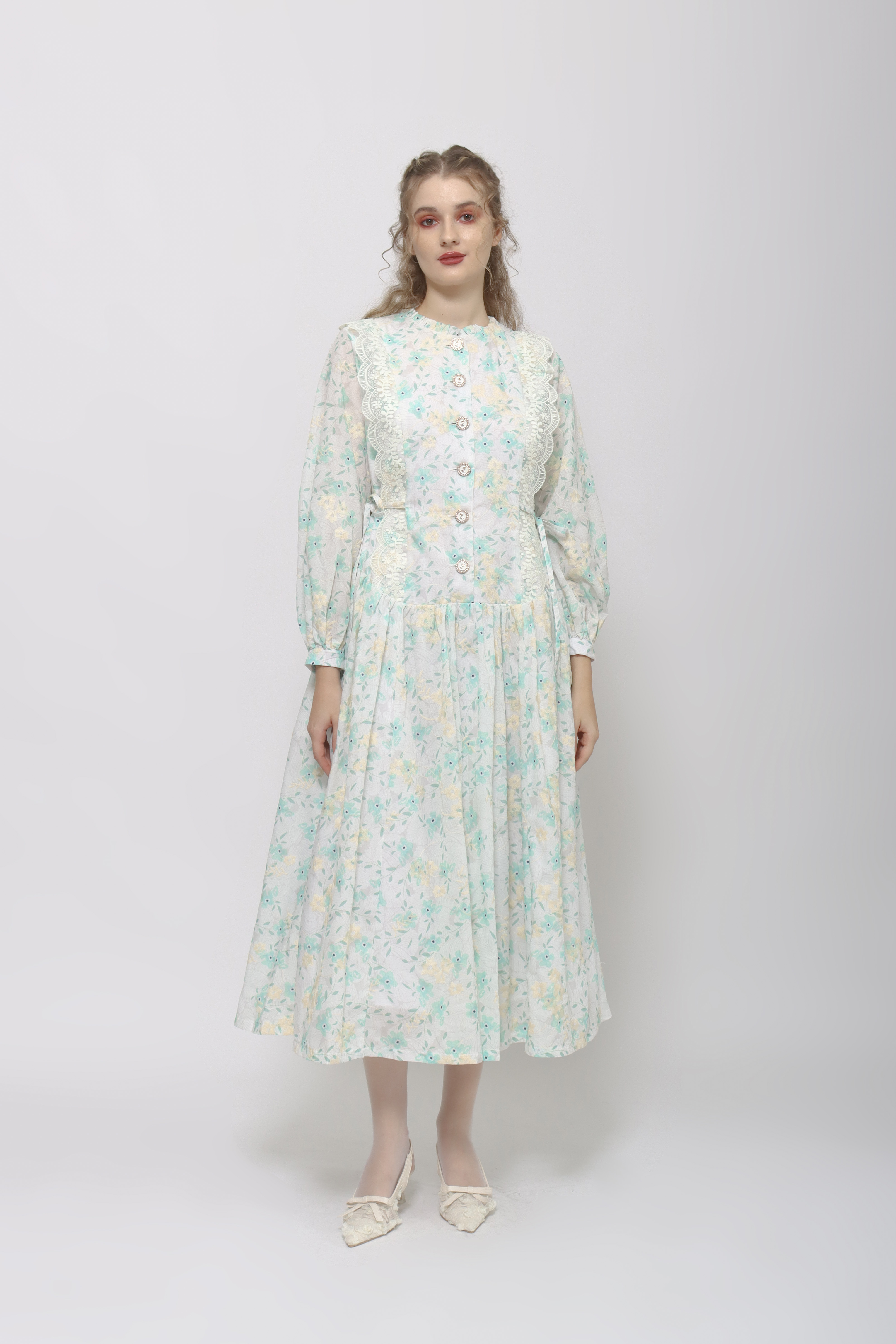 Sylvie Dress in Mint-Beige Floral