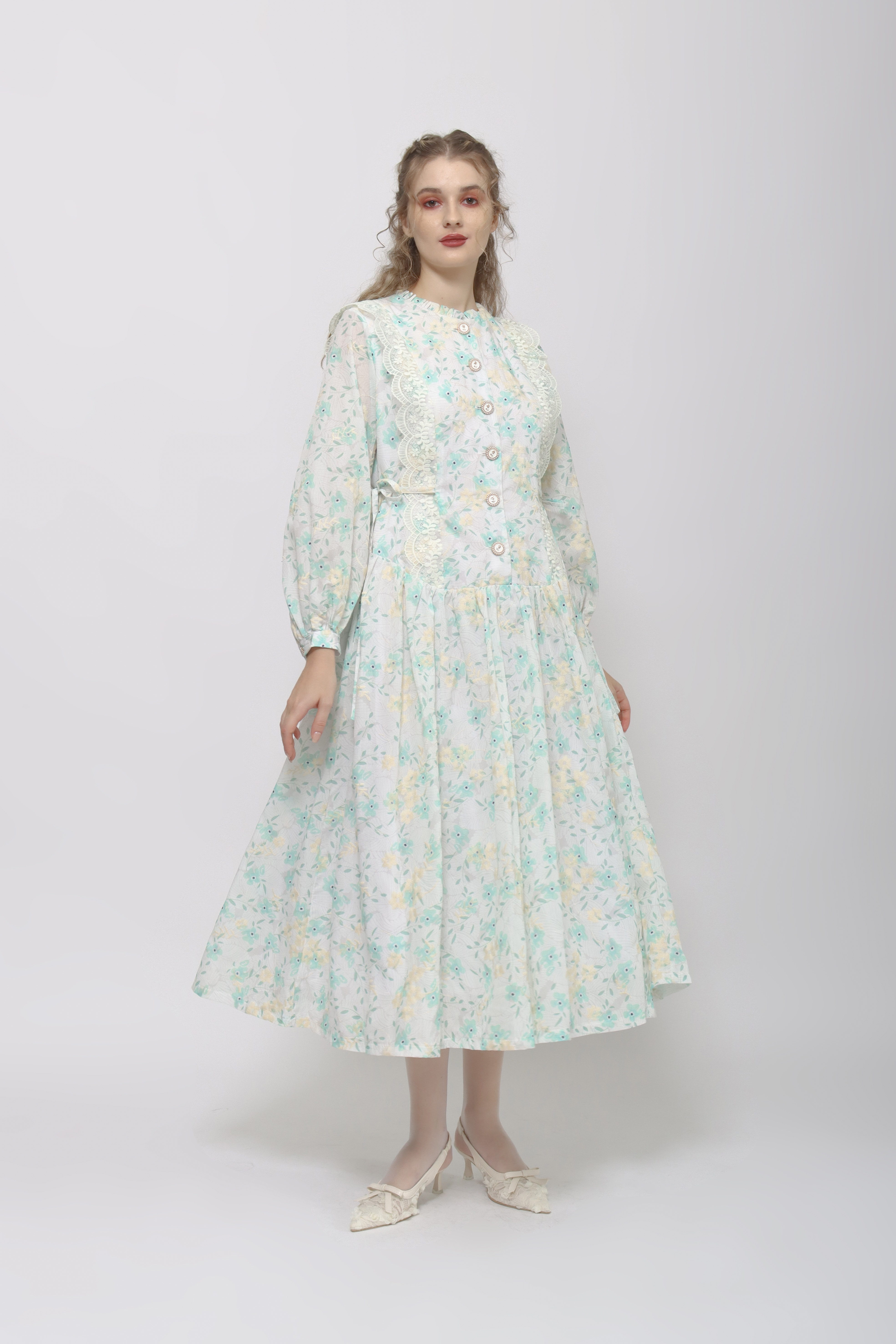Sylvie Dress in Mint-Beige Floral