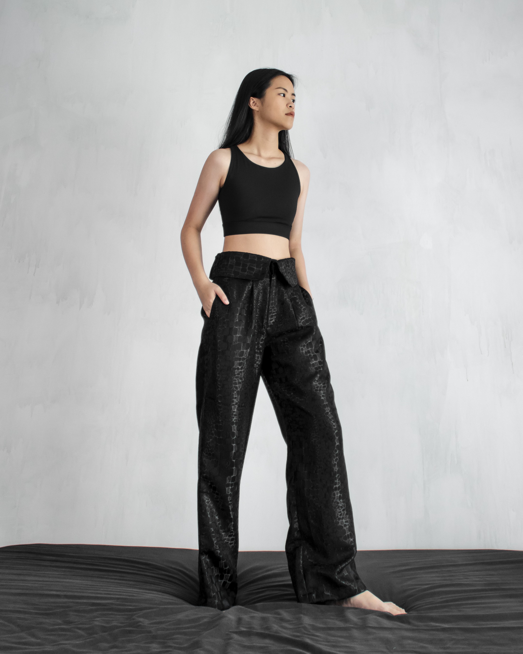 FOLDED JACQUARD TROUSERS - BLACK