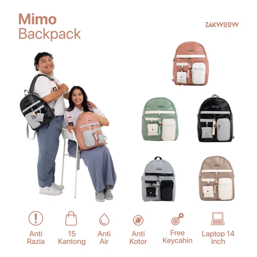 Image of Zakwoowstyle Mimo Backpack Anti Kotor Banyak Kantong FREE KEYCHAIN & POUCH Unisex (BUNDLING RAIN COVER WARNA TULIS NOTES)