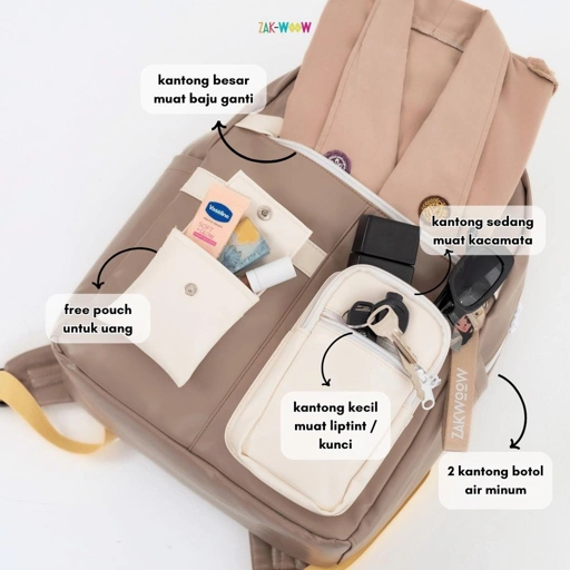 Image of Zakwoowstyle Mimo Backpack Anti Kotor Banyak Kantong FREE KEYCHAIN & POUCH Unisex (BUNDLING RAIN COVER WARNA TULIS NOTES)