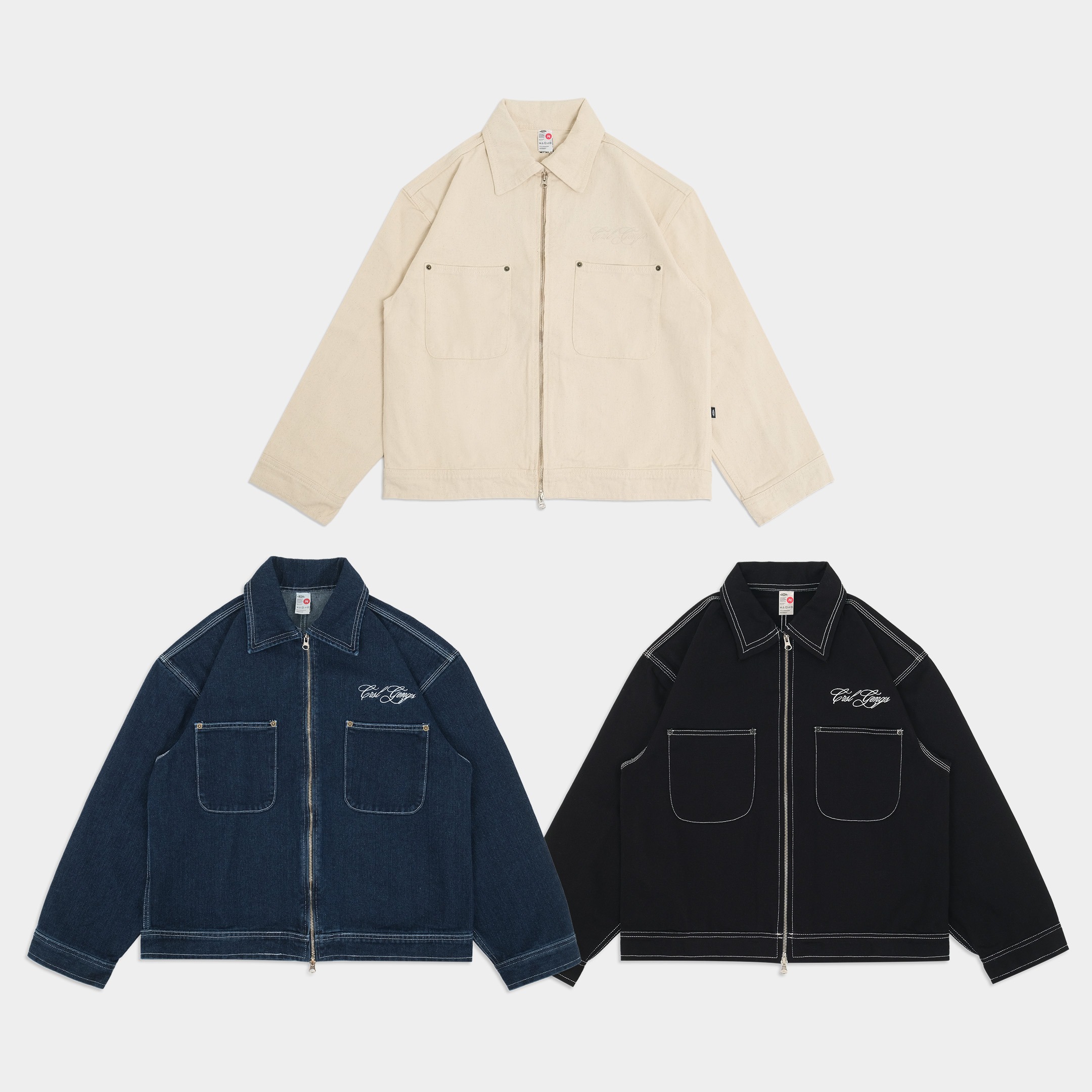 CRSL Jatta Work Jacket | Unisex Boxy Oversized Denim | Double Zip Basic Twill | Pria Wanita