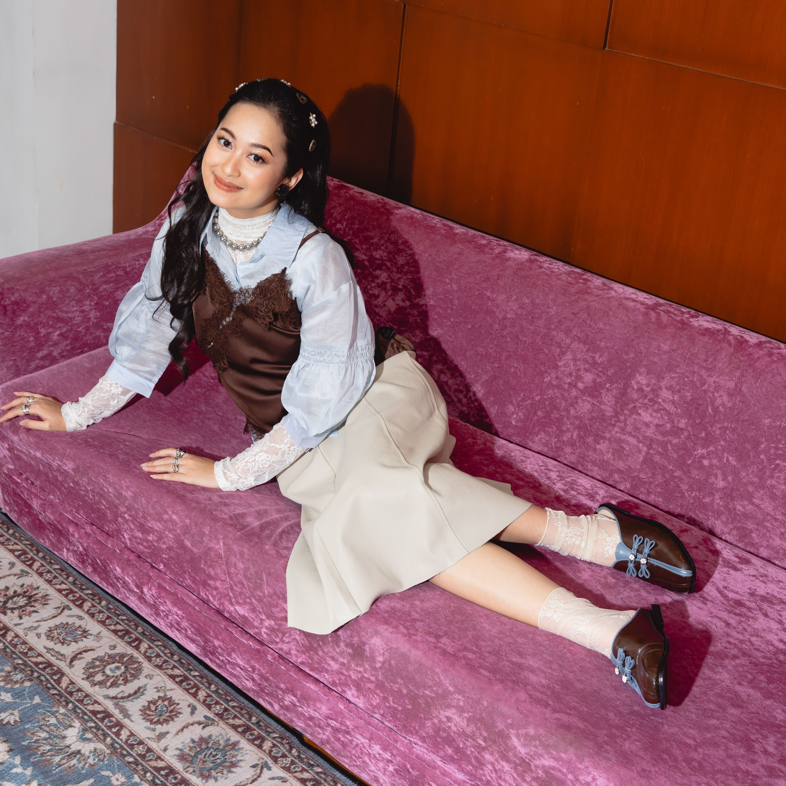 Dianable - Sachi Blue Choco Cheongsam Mules Wanita
