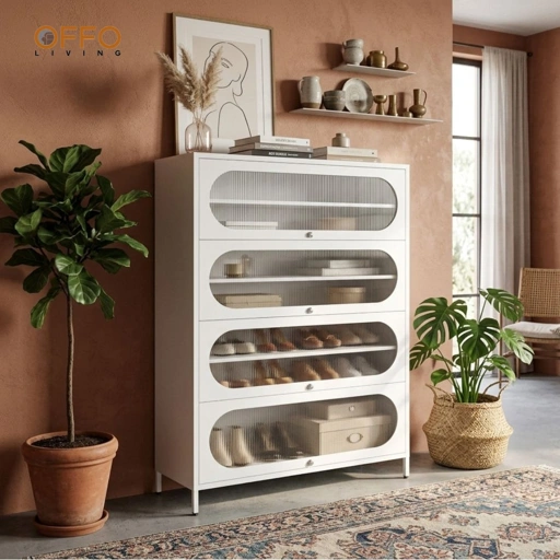 Image of Offo Living - Lemari Sepatu 4 Pintu Putih - Steel Shoe Cabinet White 4 Door White - SC102
