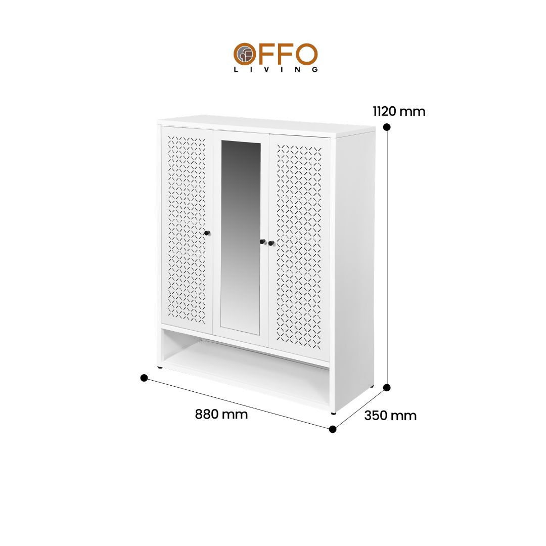 Offo Living - Lemari Sepatu Putih dengan Motif dan Cermin - Steel Shoe Cabinet Mirror White - SC09MRR