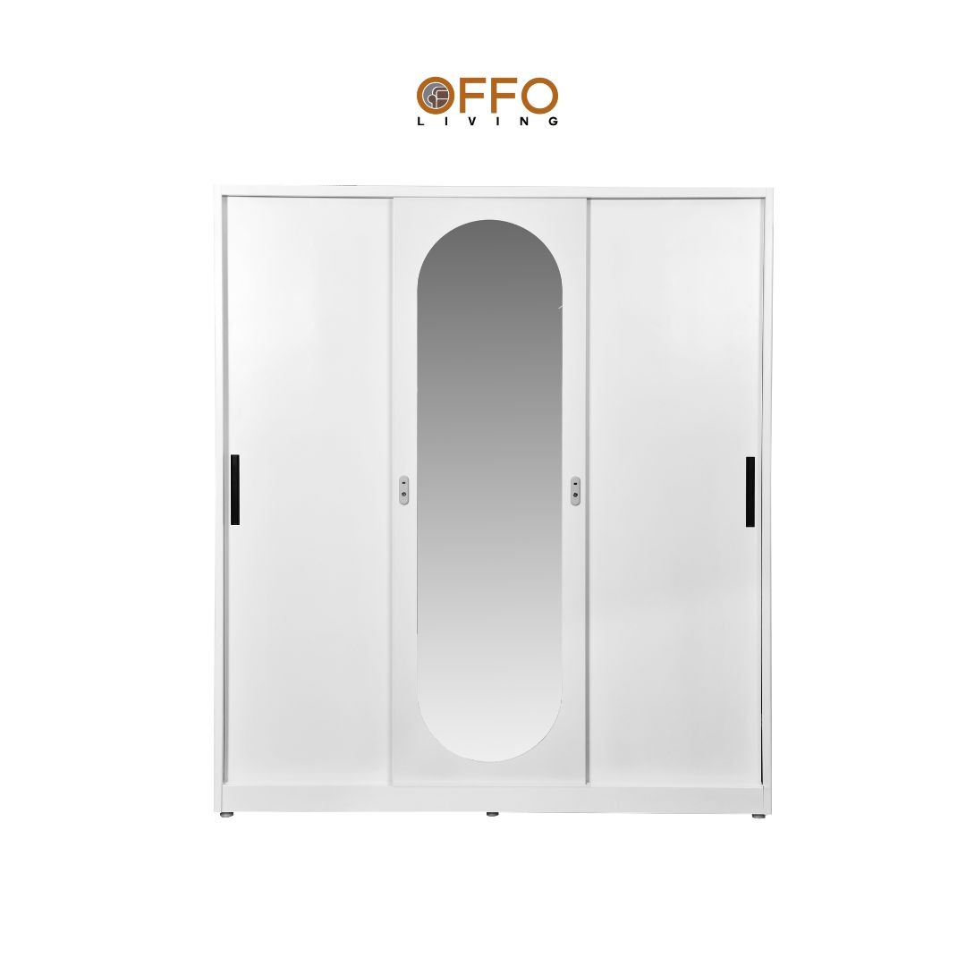 Offo Living - Lemari Pakaian Besi 2 3 Pintu Sliding dengan Cermin Putih - Steel Wardrobe 2 3 Door Mirror - SLWRNM 2 3 DR