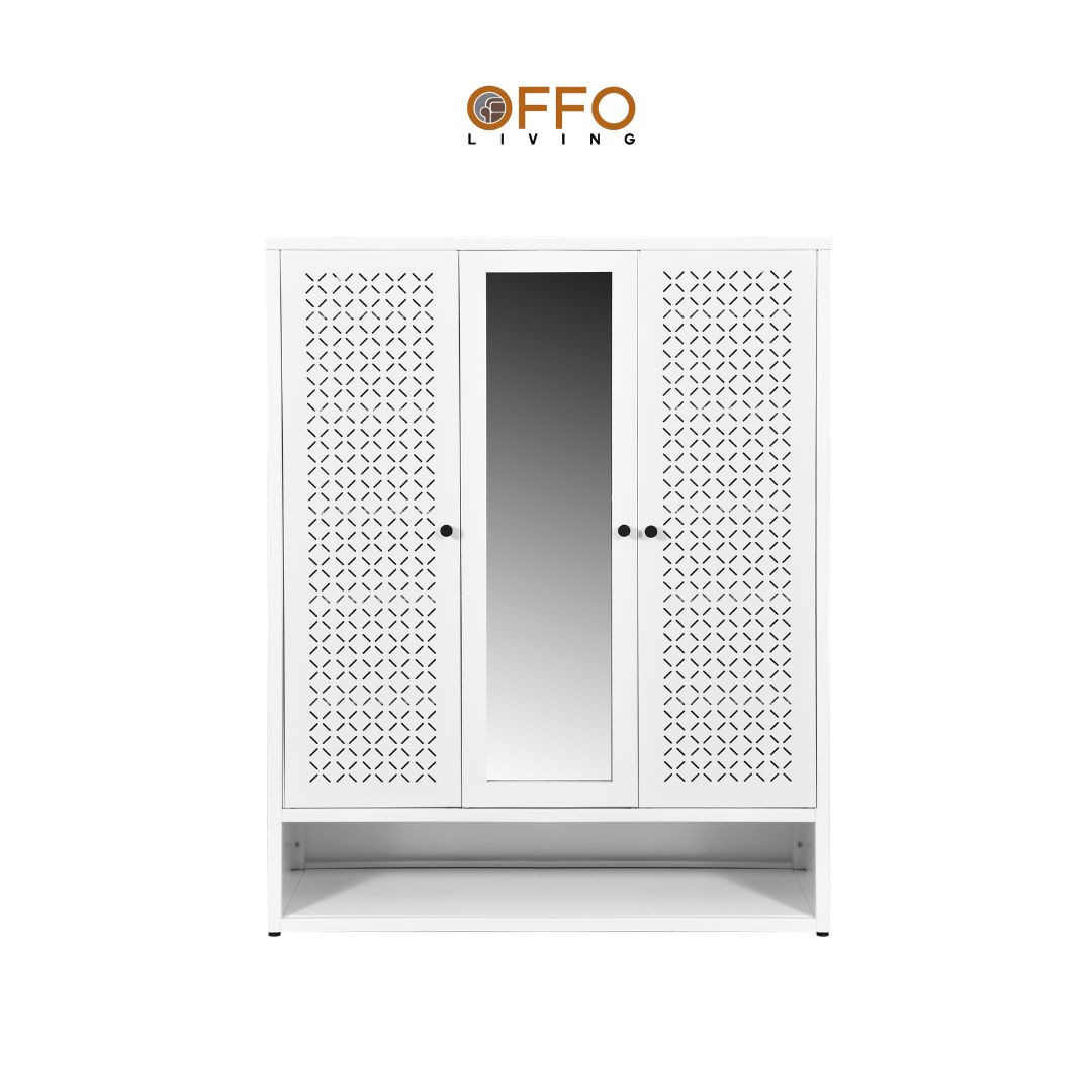 Offo Living - Lemari Sepatu Putih dengan Motif dan Cermin - Steel Shoe Cabinet Mirror White - SC09MRR
