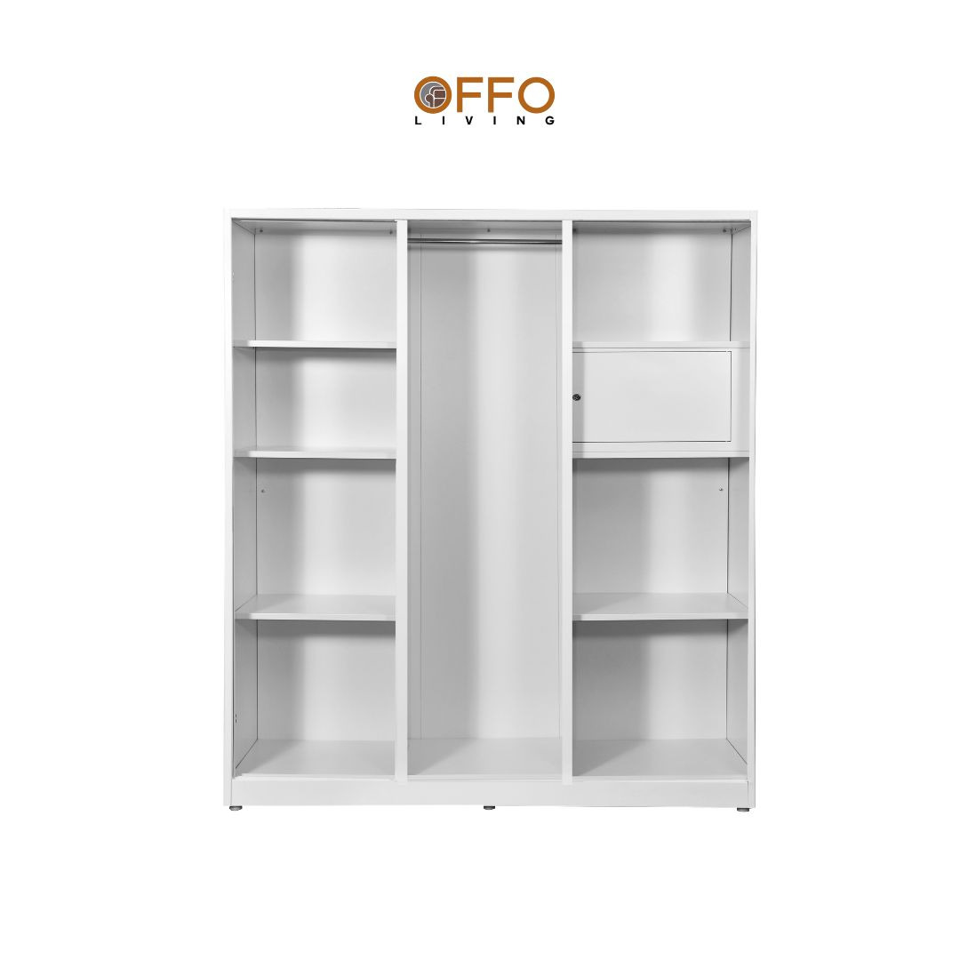 Offo Living - Lemari Pakaian Besi 2 3 Pintu Sliding dengan Cermin Putih - Steel Wardrobe 2 3 Door Mirror - SLWRNM 2 3 DR