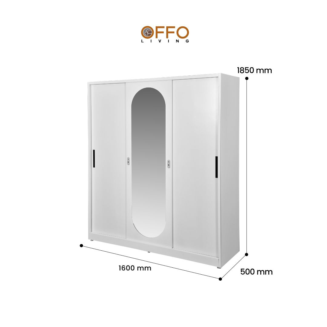 Offo Living - Lemari Pakaian Besi 2 3 Pintu Sliding dengan Cermin Putih - Steel Wardrobe 2 3 Door Mirror - SLWRNM 2 3 DR