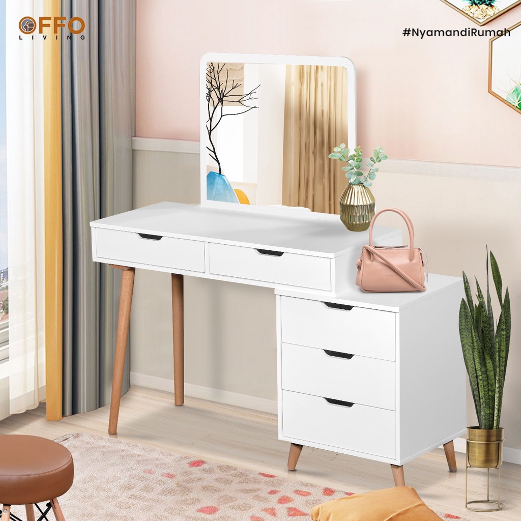 Meja Rias Minimalis Kaki Kayu Solid dengan Drawer - MRSL-03