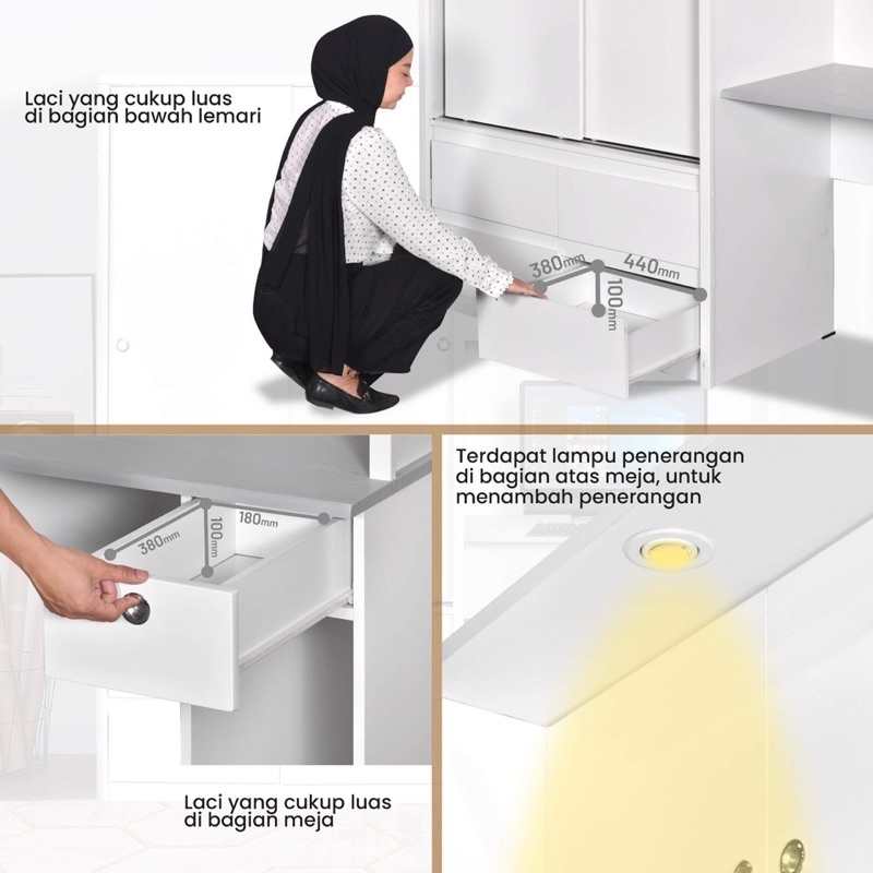 Lemari Pakaian Sliding dengan Meja Kerja / Meja Belajar - WDSD-001-WHT