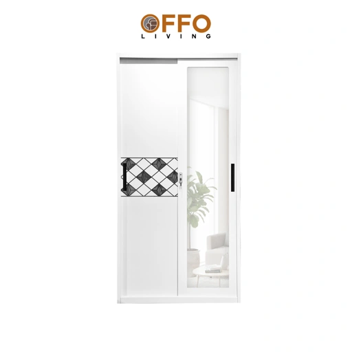 Image of Offo Living - Lemari Pakaian Besi Sliding 2 Pintu Putih Cermin