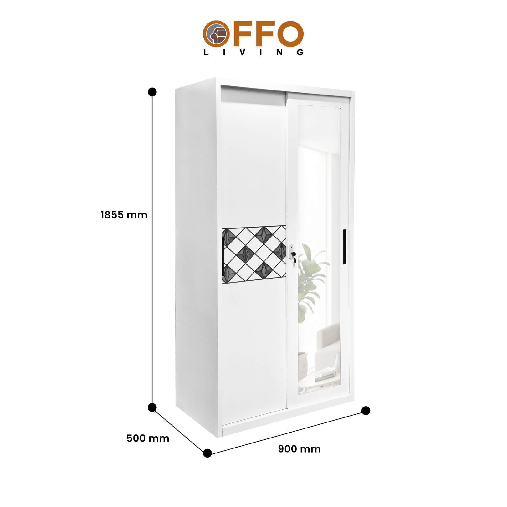 Offo Living - Lemari Pakaian Besi Sliding 2 Pintu Putih Cermin