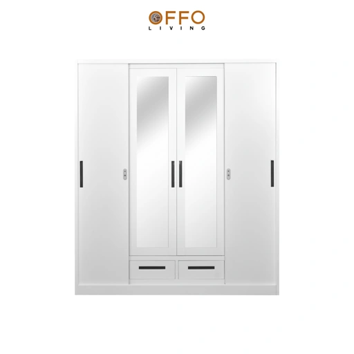 Image of Offo Living - Lemari Pakaian Besi Sliding 4 Pintu - Lemari Pakaian I-BED-STXRSLW-4DR-WHT