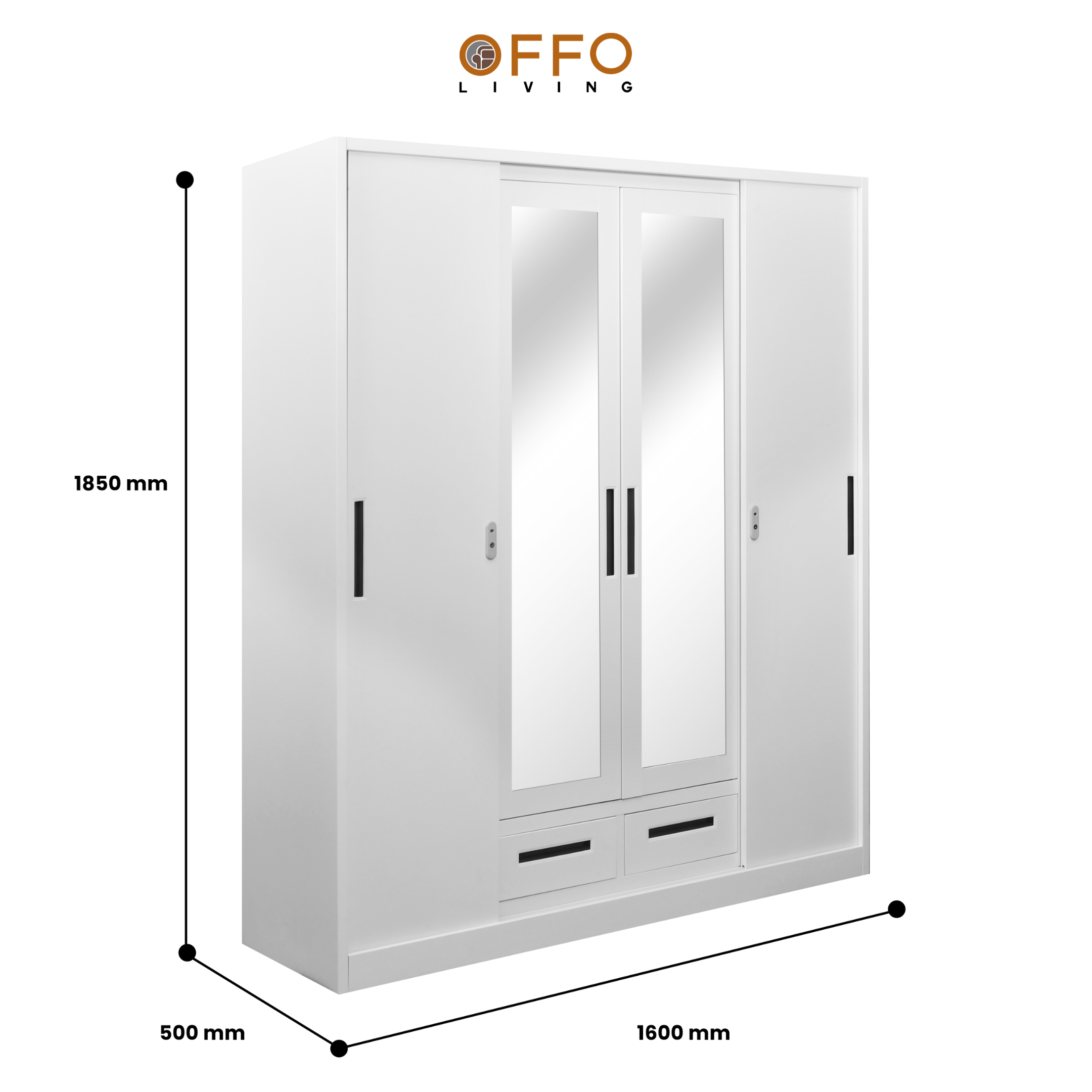 Offo Living - Lemari Pakaian Besi Sliding 4 Pintu - Lemari Pakaian I-BED-STXRSLW-4DR-WHT