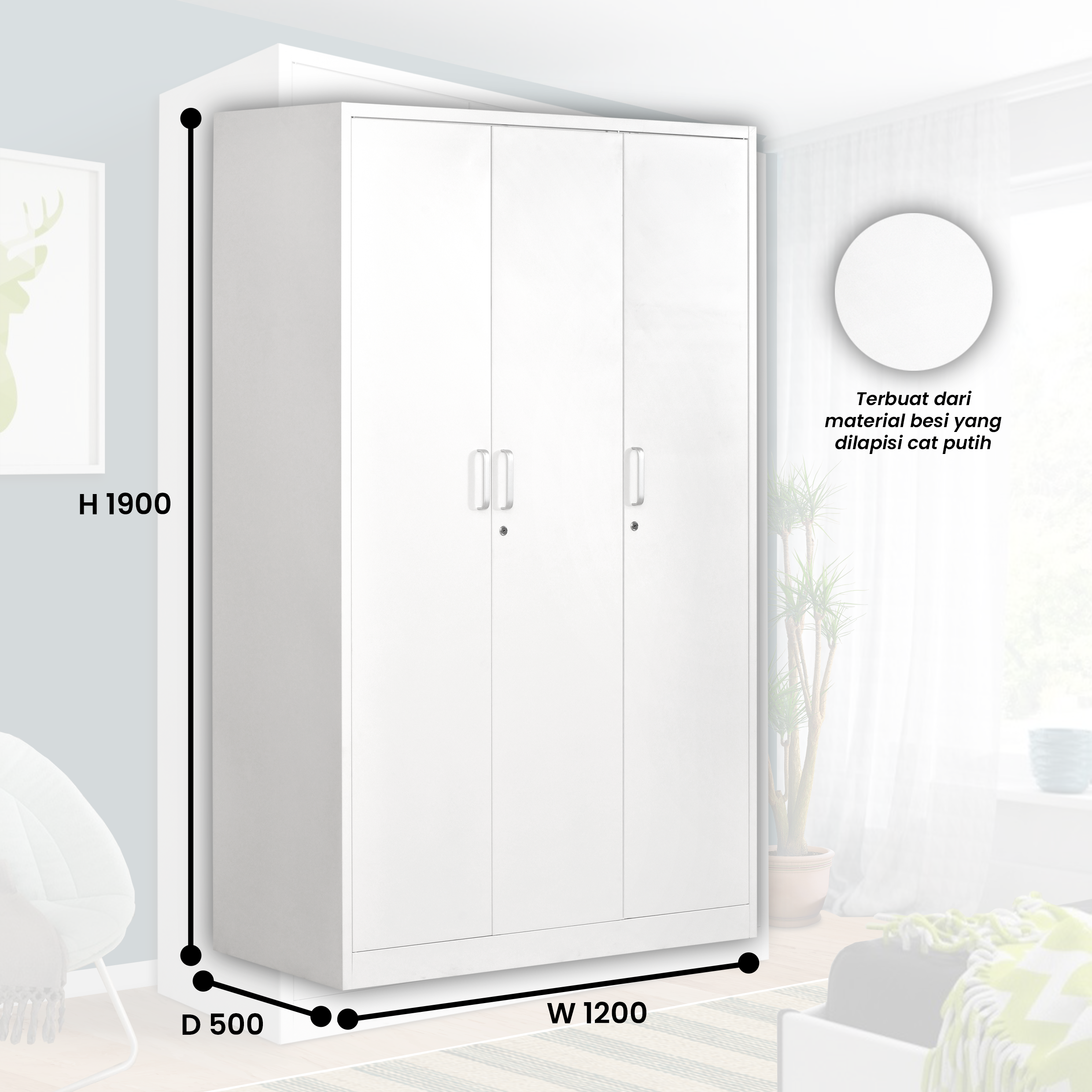 Lemari Pakaian Besi 3 Pintu 1250A