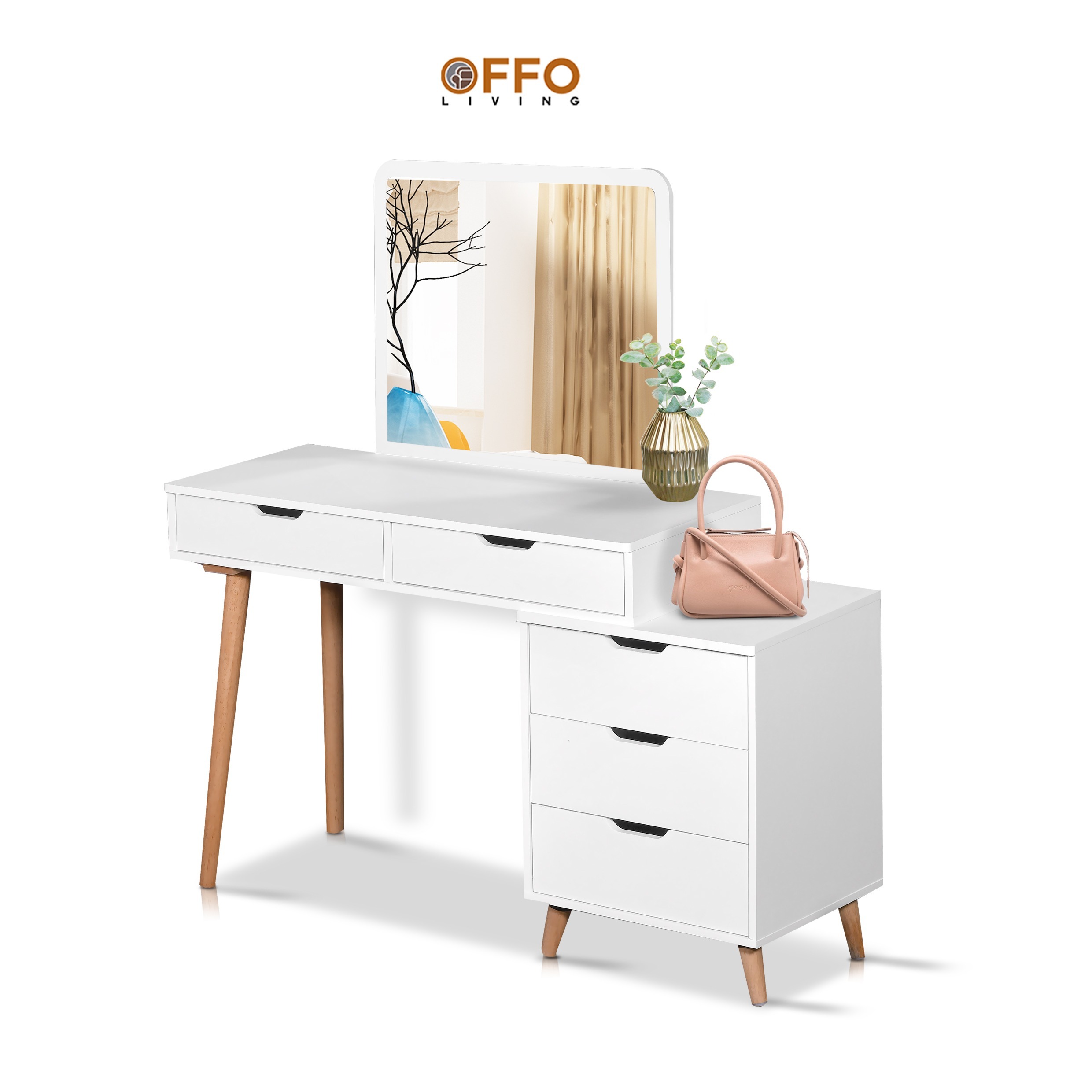 Meja Rias Minimalis Kaki Kayu Solid dengan Drawer - MRSL-03