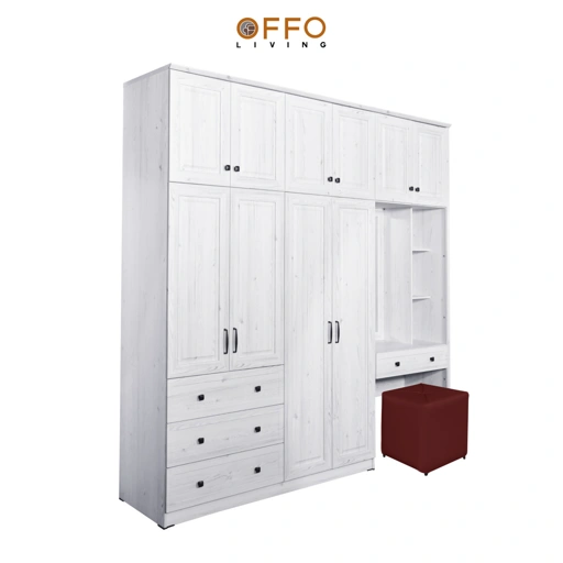 Image of Offo Living -  Lemari Pakaian Florida 4 Pintu + Kabinet Atas + Meja Rias – All in One Furniture