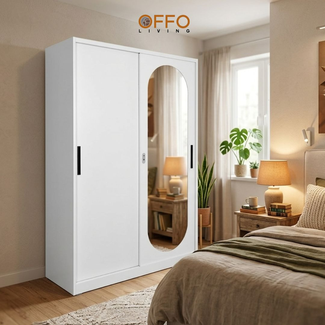Offo Living - Lemari Pakaian Besi 2 3 Pintu Sliding dengan Cermin Putih - Steel Wardrobe 2 3 Door Mirror - SLWRNM 2 3 DR