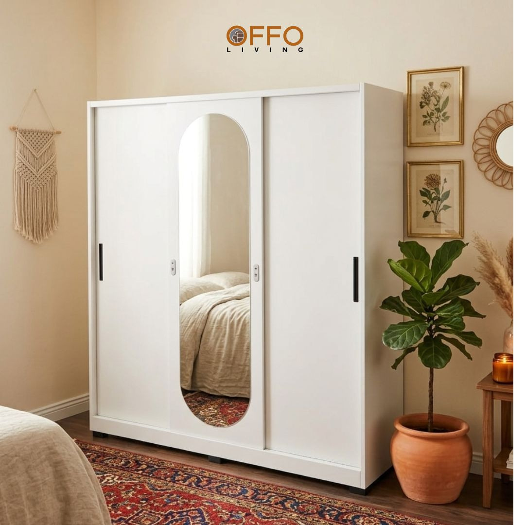 Offo Living - Lemari Pakaian Besi 2 3 Pintu Sliding dengan Cermin Putih - Steel Wardrobe 2 3 Door Mirror - SLWRNM 2 3 DR