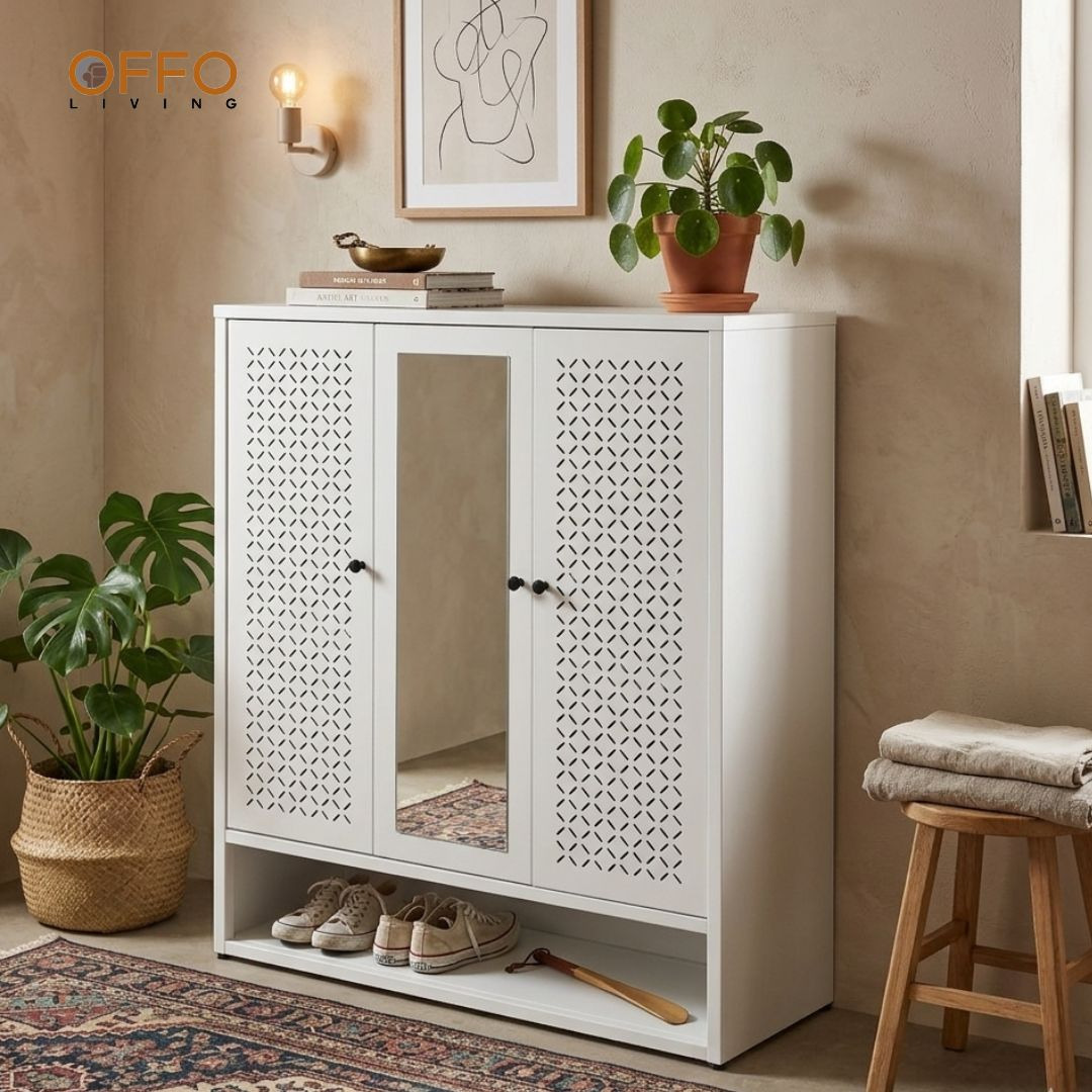 Offo Living - Lemari Sepatu Putih dengan Motif dan Cermin - Steel Shoe Cabinet Mirror White - SC09MRR