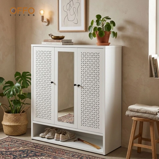 Image of Offo Living - Lemari Sepatu Putih dengan Motif dan Cermin - Steel Shoe Cabinet Mirror White - SC09MRR