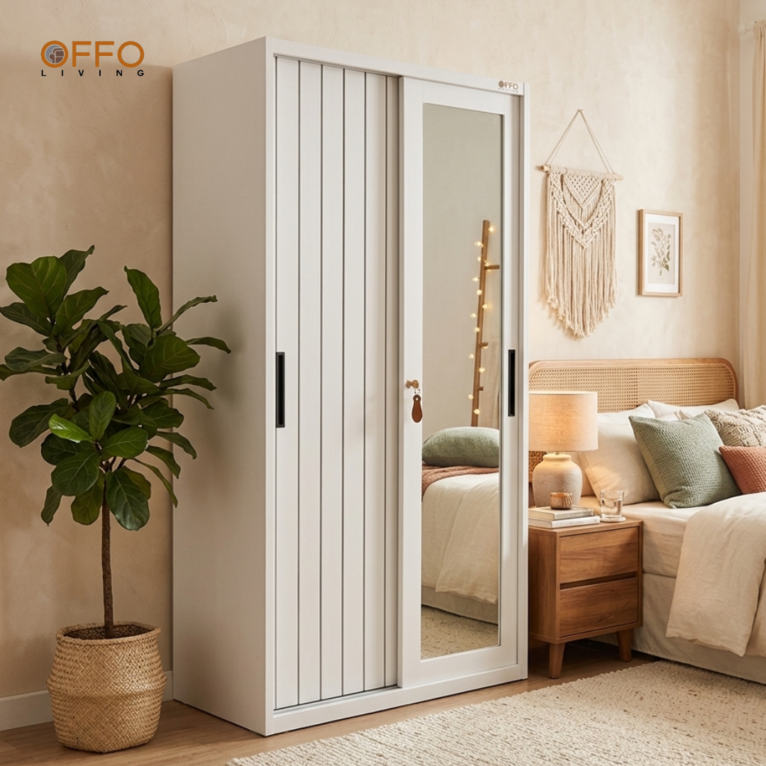 Offo Living - Lemari Pakaian Besi Sliding 2 Pintu Putih Cermin