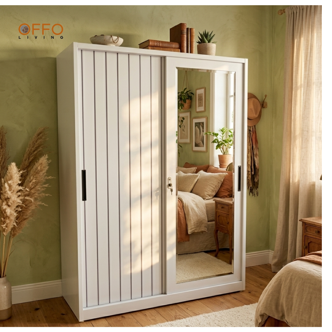 Offo Living - Lemari Pakaian Besi Sliding 2 Pintu Putih Cermin