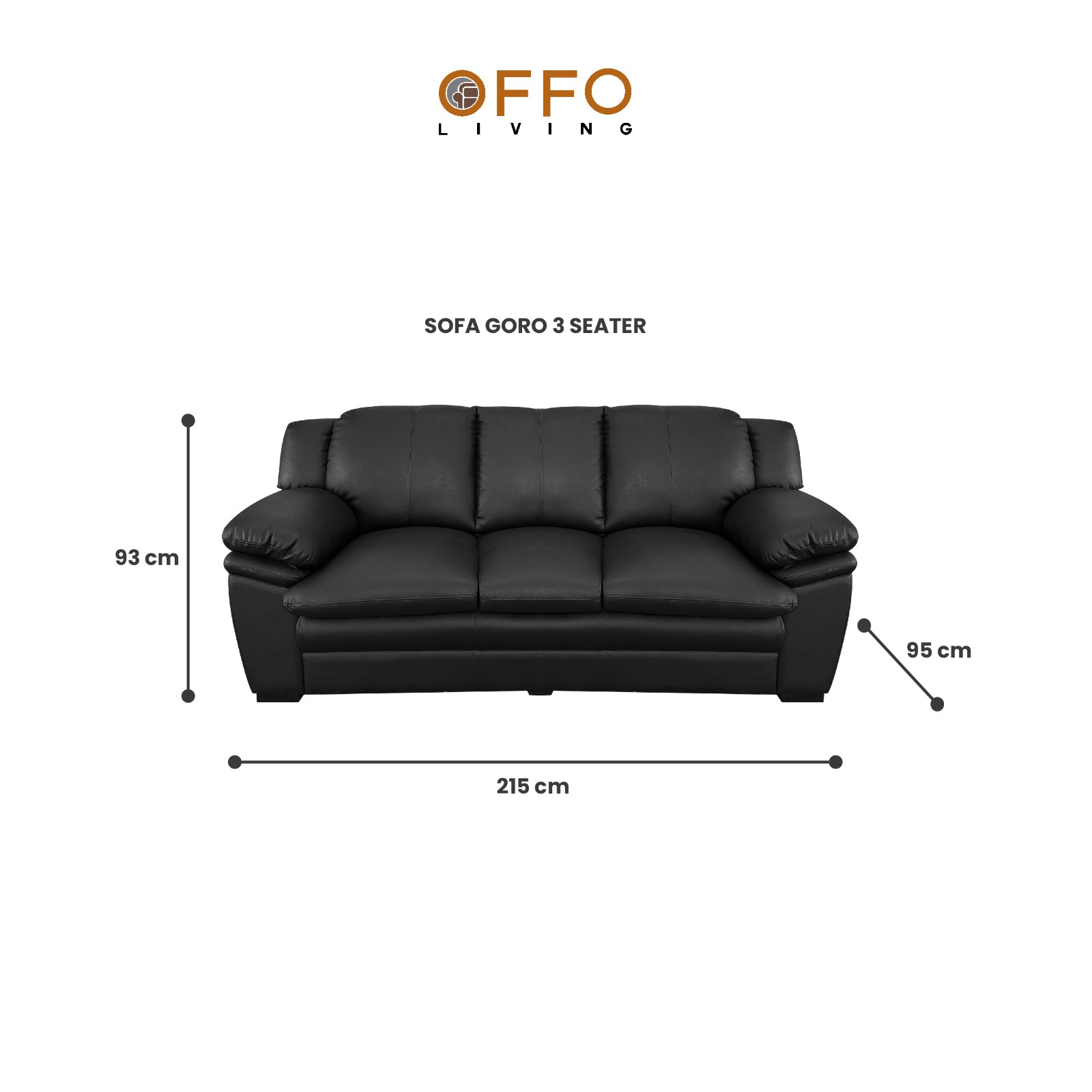 Offo Living - Sofa Ruang Tamu 3 Siter - Sofa Kulit Sintetis - PPU-SFA-GORO-3ST-CHSBLK