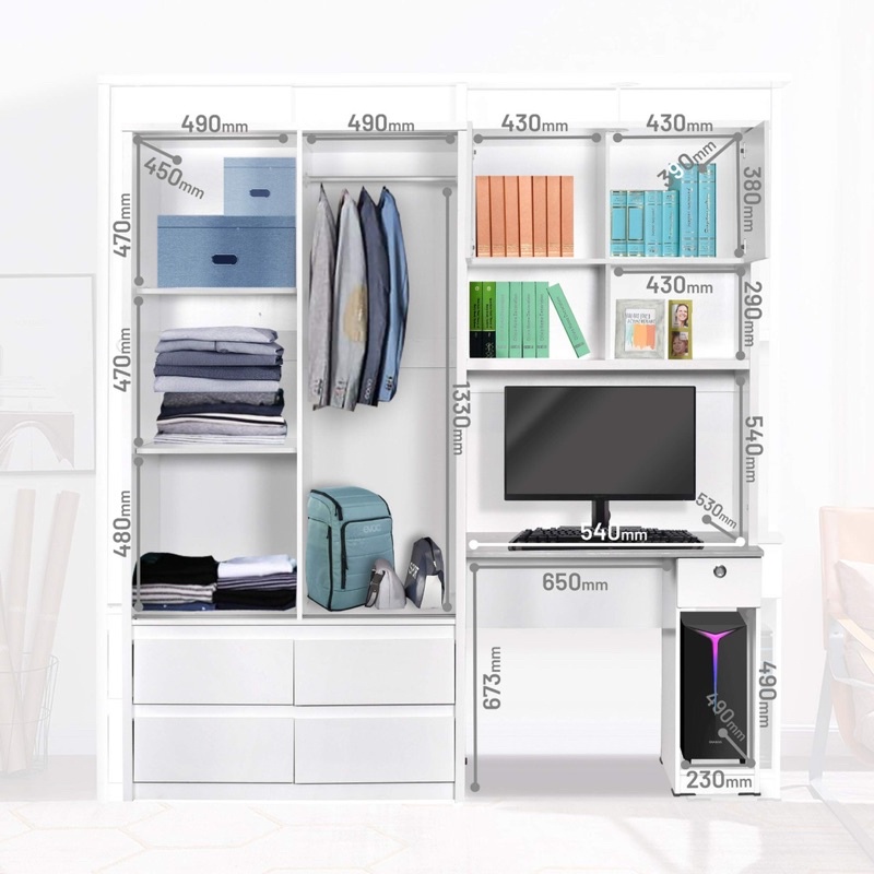 Lemari Pakaian Sliding dengan Meja Kerja / Meja Belajar - WDSD-001-WHT