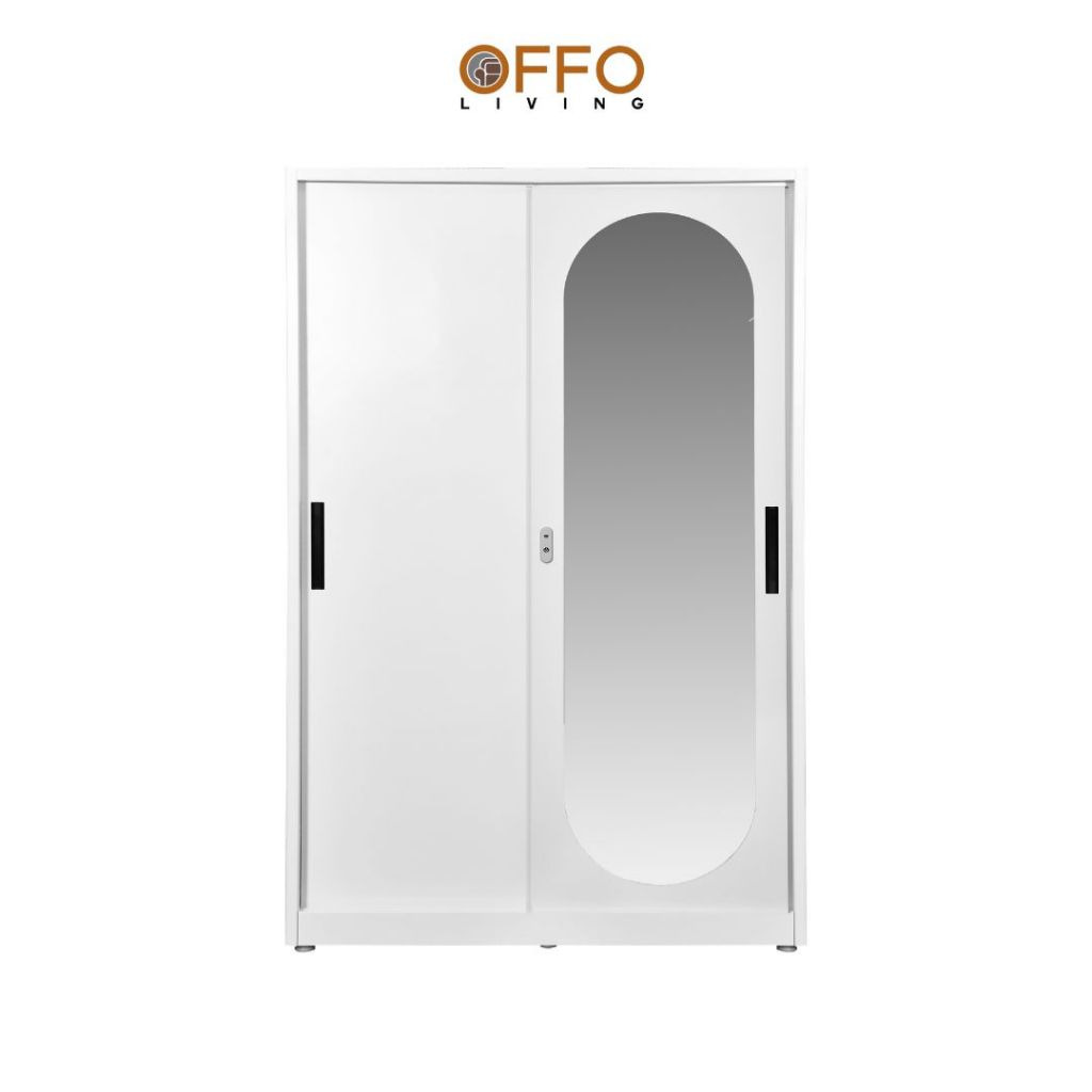 Offo Living - Lemari Pakaian Besi 2 3 Pintu Sliding dengan Cermin Putih - Steel Wardrobe 2 3 Door Mirror - SLWRNM 2 3 DR