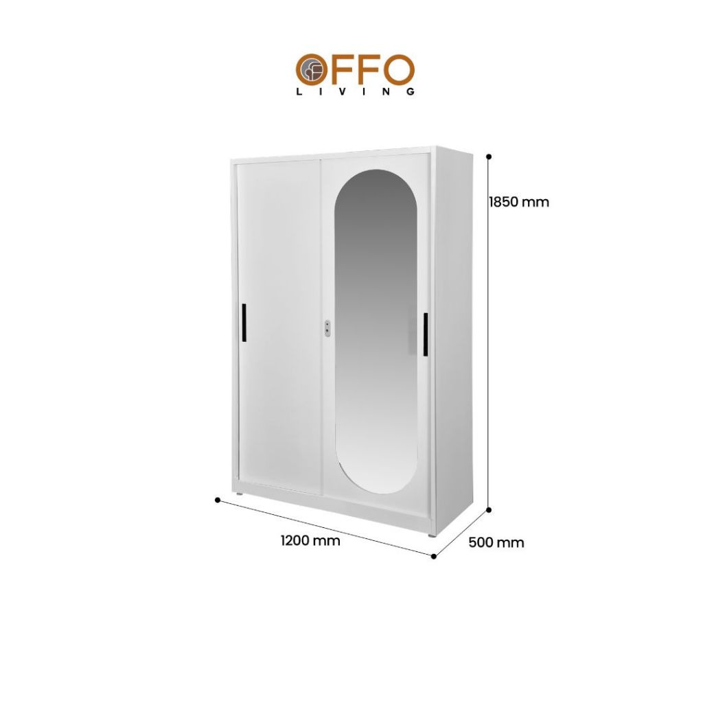 Offo Living - Lemari Pakaian Besi 2 3 Pintu Sliding dengan Cermin Putih - Steel Wardrobe 2 3 Door Mirror - SLWRNM 2 3 DR