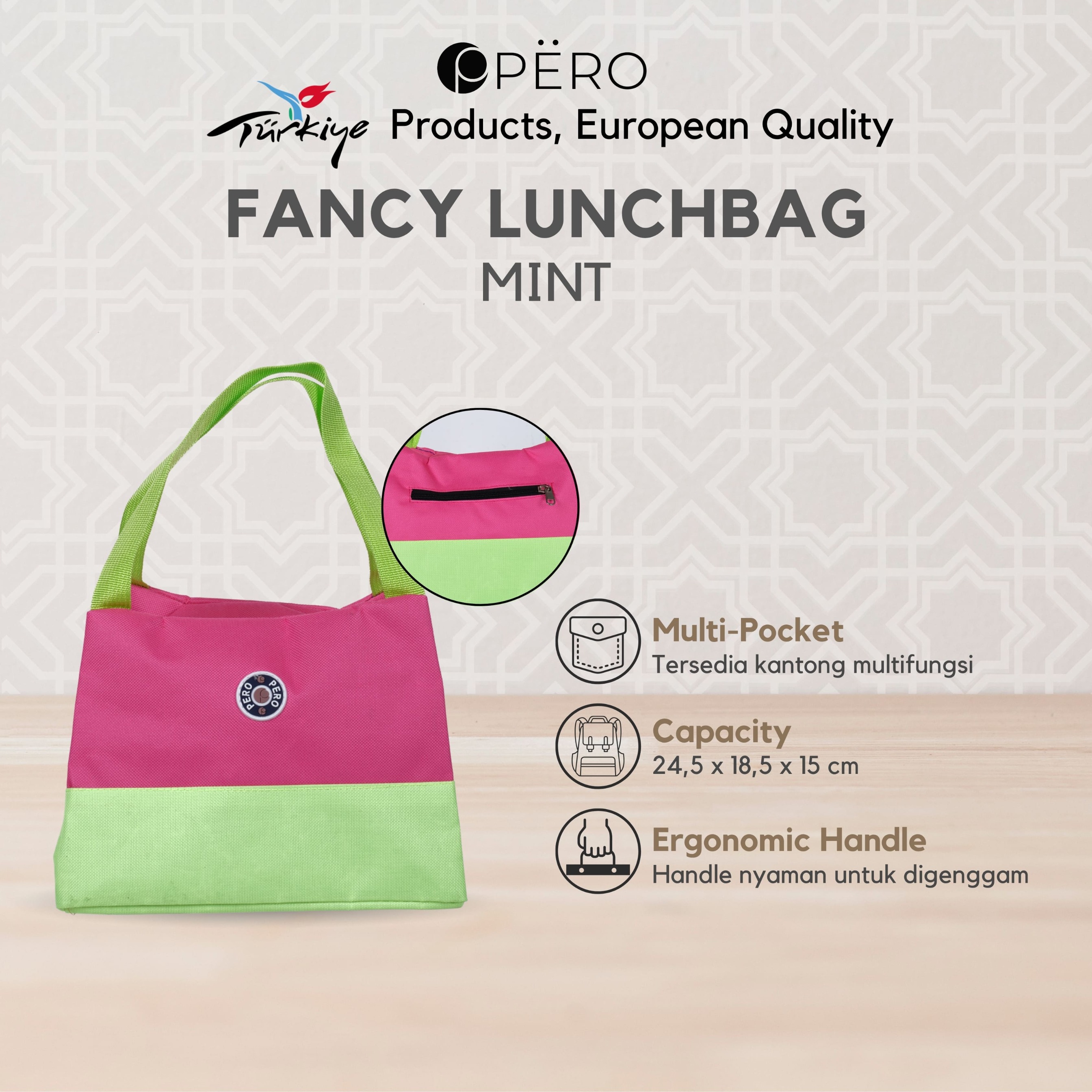 Pero Fancy Lunch Box/ Tas Bekal Premium Motif Elegan - White, Green, Pink, Yellow