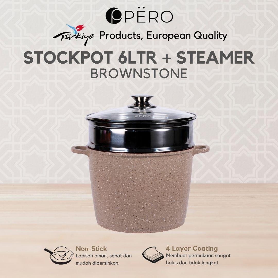 Pero Stock Pot Panci Gentong 24cm + Steamer with Glass Lid 6 Liter - Rose Gold, Brown 