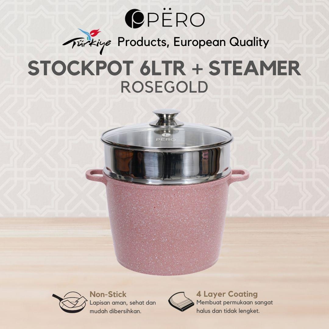 Pero Stock Pot Panci Gentong 24cm + Steamer with Glass Lid 6 Liter - Rose Gold, Brown 