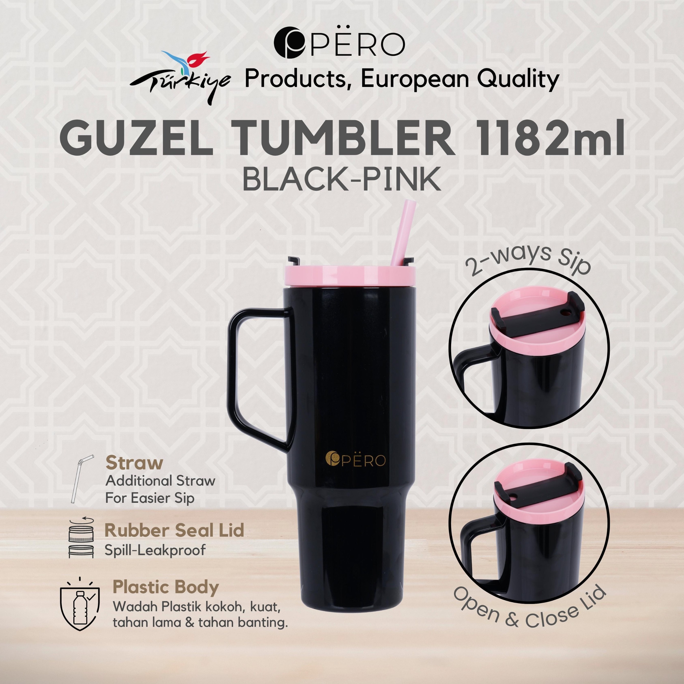 PERO Guzel Tumbler 1182ml - Pink, Blue, Yellow, White, Pink Black, Black Pink