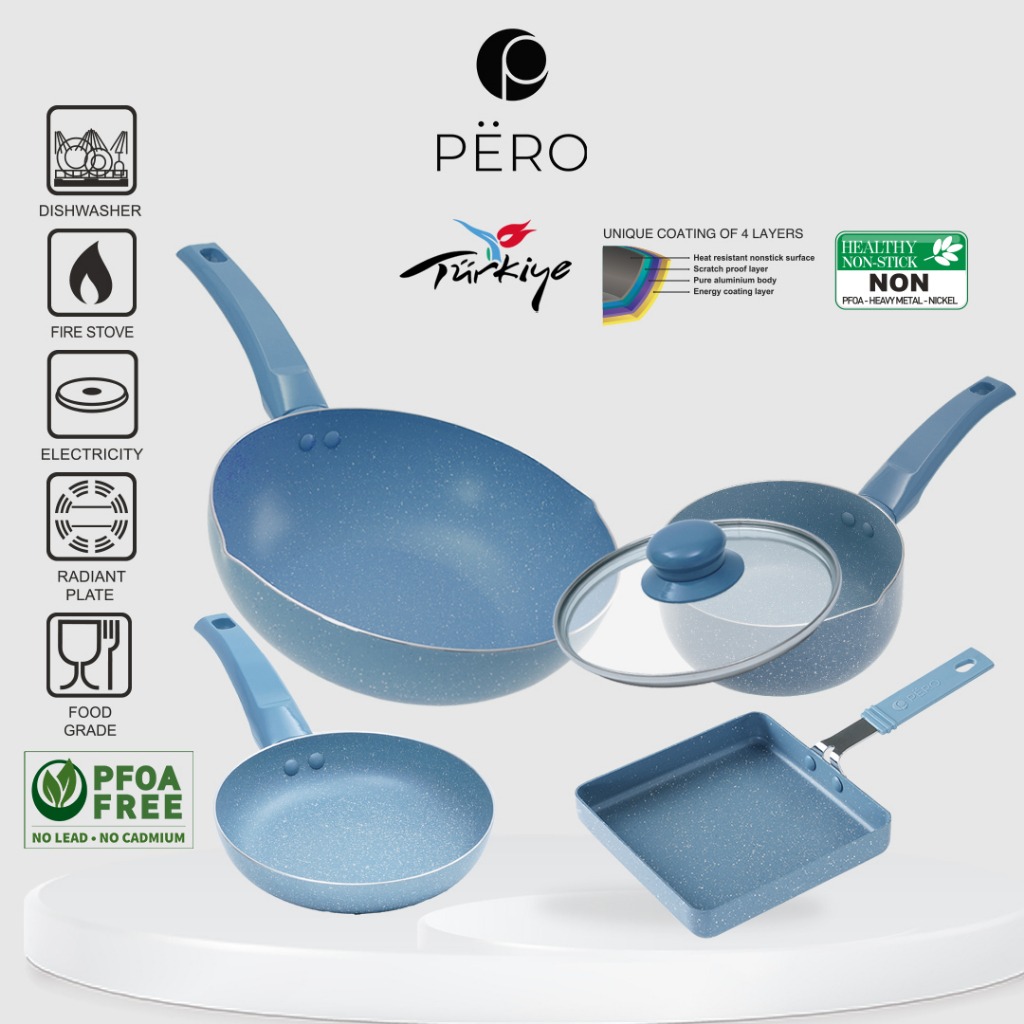 Pero Set of 4 Wokpan 24cm, Tamagoyakipan 15cm, Frypan 18cm, Saucepan 16cm with Lid - Mint, Pink, Blue