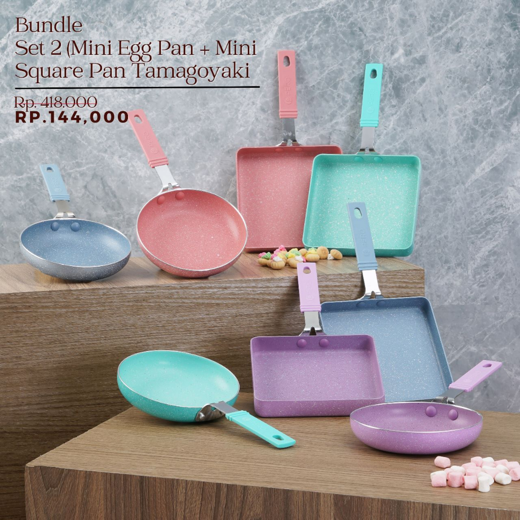 Set of 2 Mini Egg Pan & Tamagoyaki Pan - Pink, Mint, Lilac, Blue, Peach