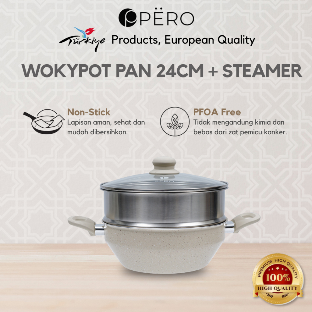 PERO Multifunction Woky Pot Pan 24cm + Steamer / Wajan Multifungsi 2in1 dengan Steamer - Rose Gold, Mint, Creamy