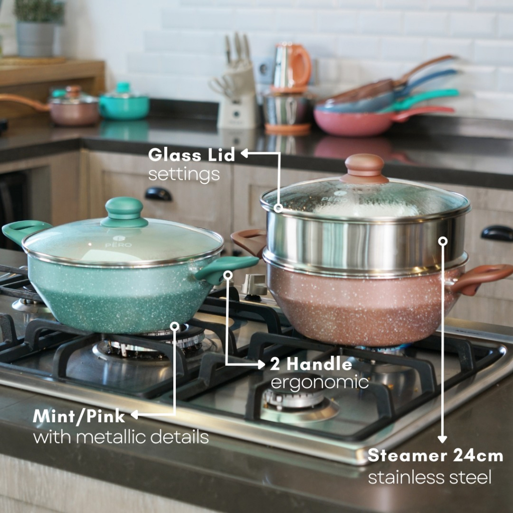 PERO Multifunction Woky Pot Pan 24cm + Steamer / Wajan Multifungsi 2in1 dengan Steamer - Rose Gold, Mint, Creamy