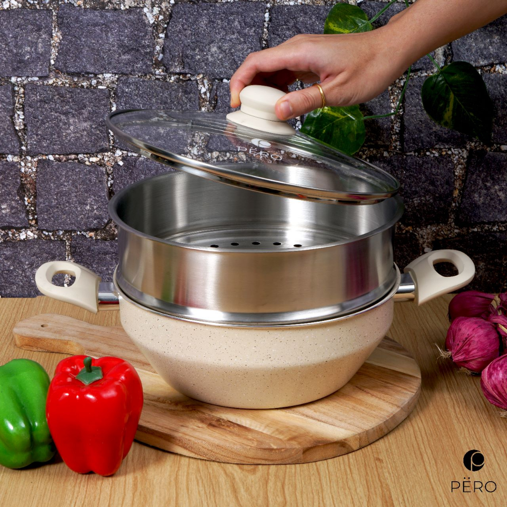 PERO Multifunction Woky Pot Pan 24cm + Steamer / Wajan Multifungsi 2in1 dengan Steamer - Rose Gold, Mint, Creamy