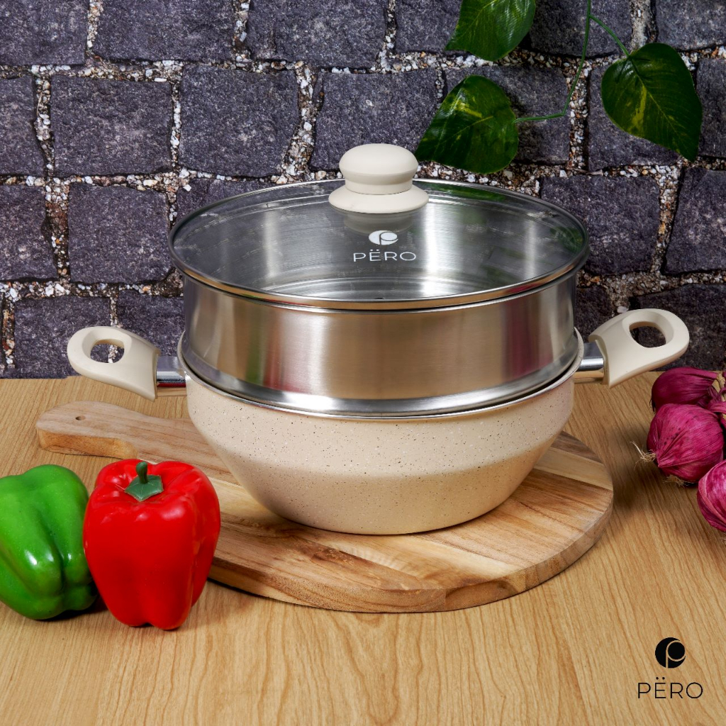 PERO Multifunction Woky Pot Pan 24cm + Steamer / Wajan Multifungsi 2in1 dengan Steamer - Rose Gold, Mint, Creamy