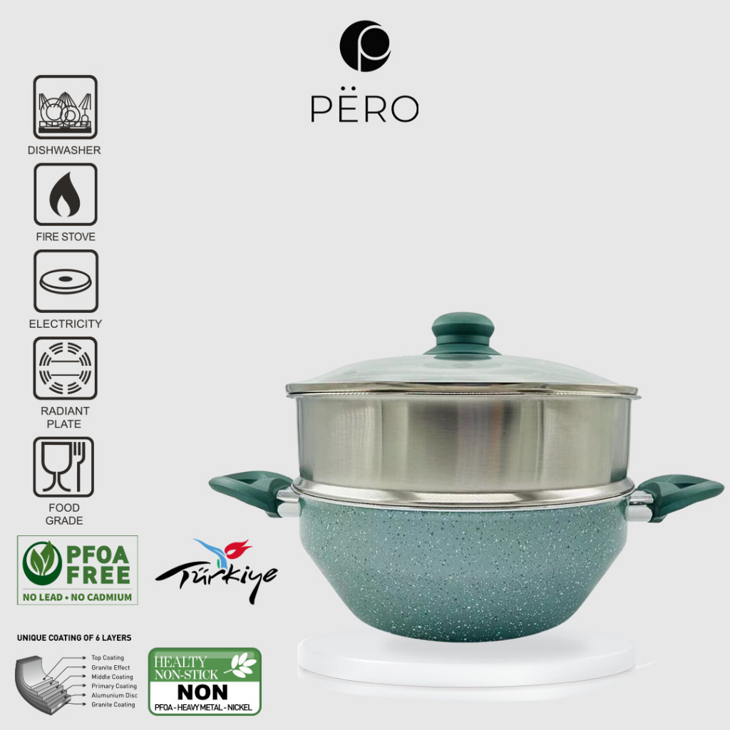 PERO Multifunction Woky Pot Pan 24cm + Steamer / Wajan Multifungsi 2in1 dengan Steamer - Rose Gold, Mint, Creamy