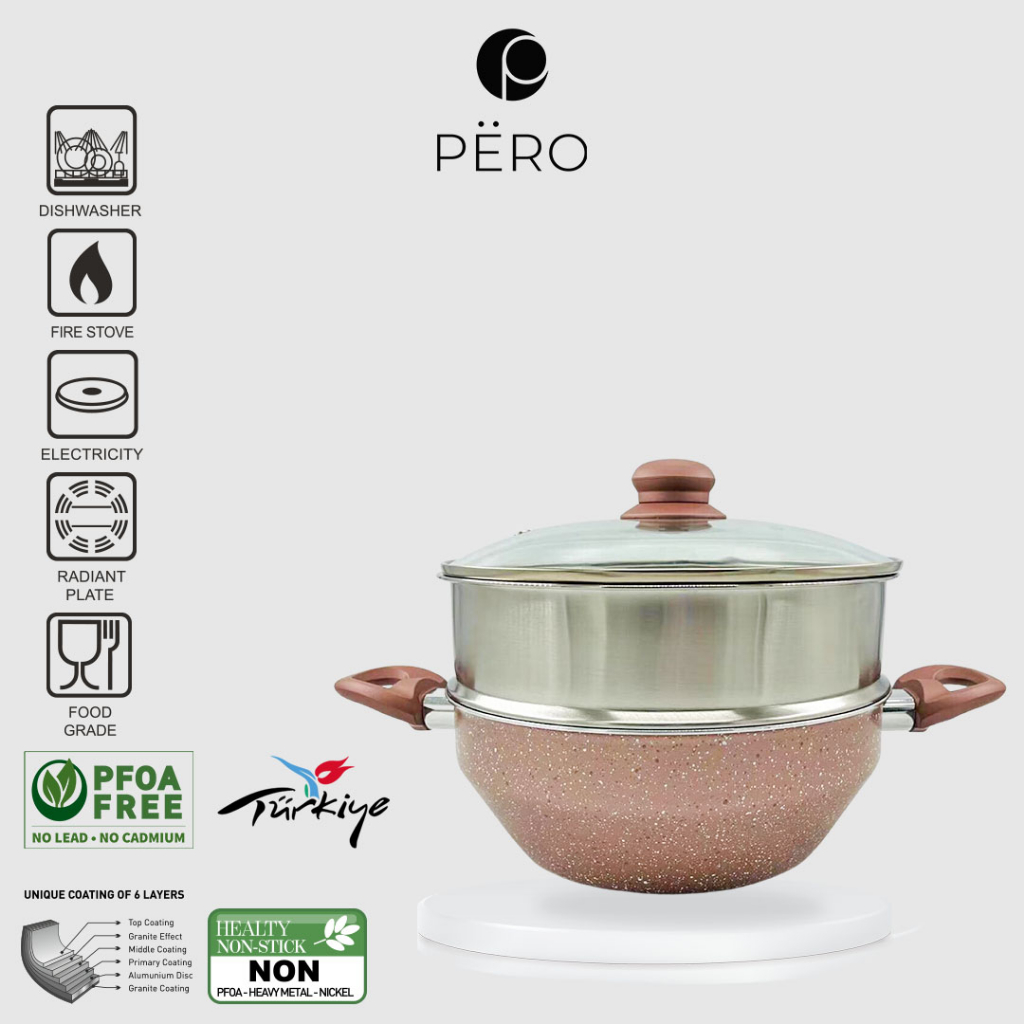 PERO Multifunction Woky Pot Pan 24cm + Steamer / Wajan Multifungsi 2in1 dengan Steamer - Rose Gold, Mint, Creamy