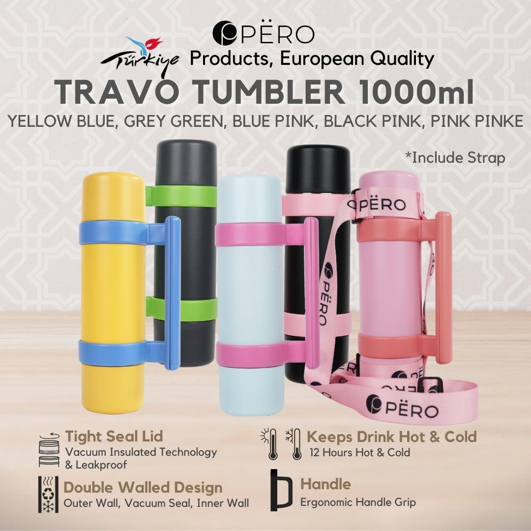 Pero Travo Tumbler / Botol Minum Permos 1000ML With Handle - Pink, Blue, Grey, Yellow, Black