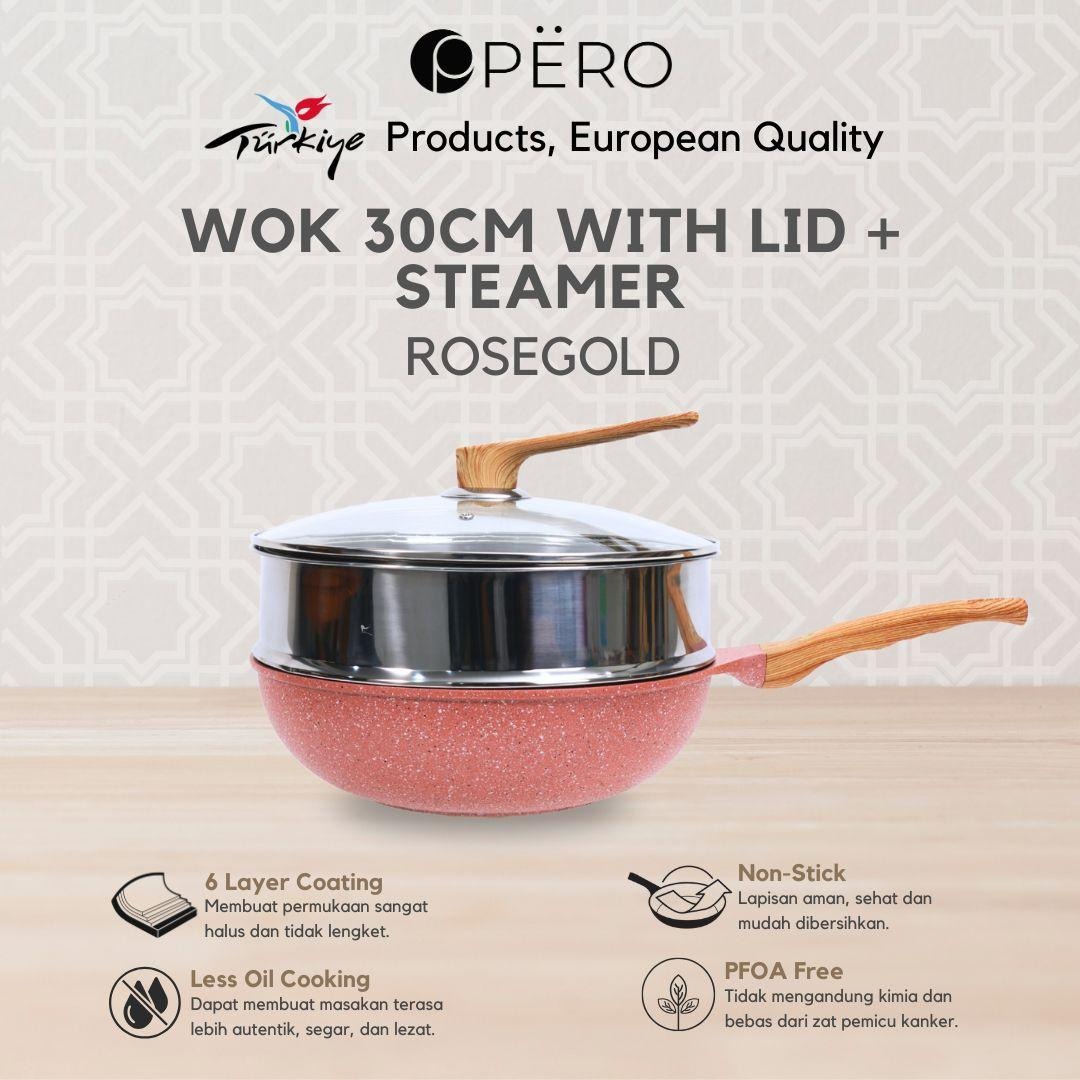 Pero Wok 30cm With Lid + Steamer / Wajan Granite Anti Lengket - Brown, Rose Gold, Beige