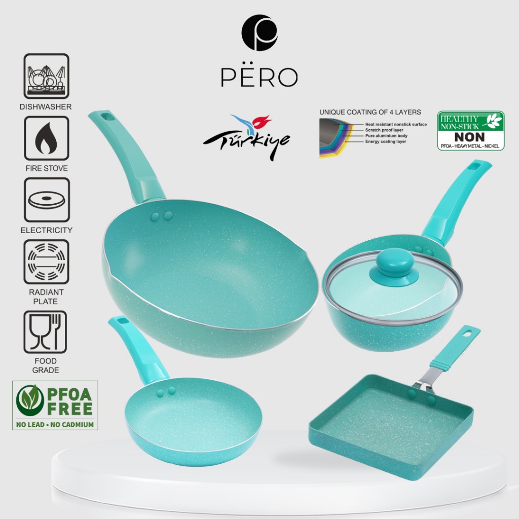 Pero Set of 4 Wokpan 24cm, Tamagoyakipan 15cm, Frypan 18cm, Saucepan 16cm with Lid - Mint, Pink, Blue