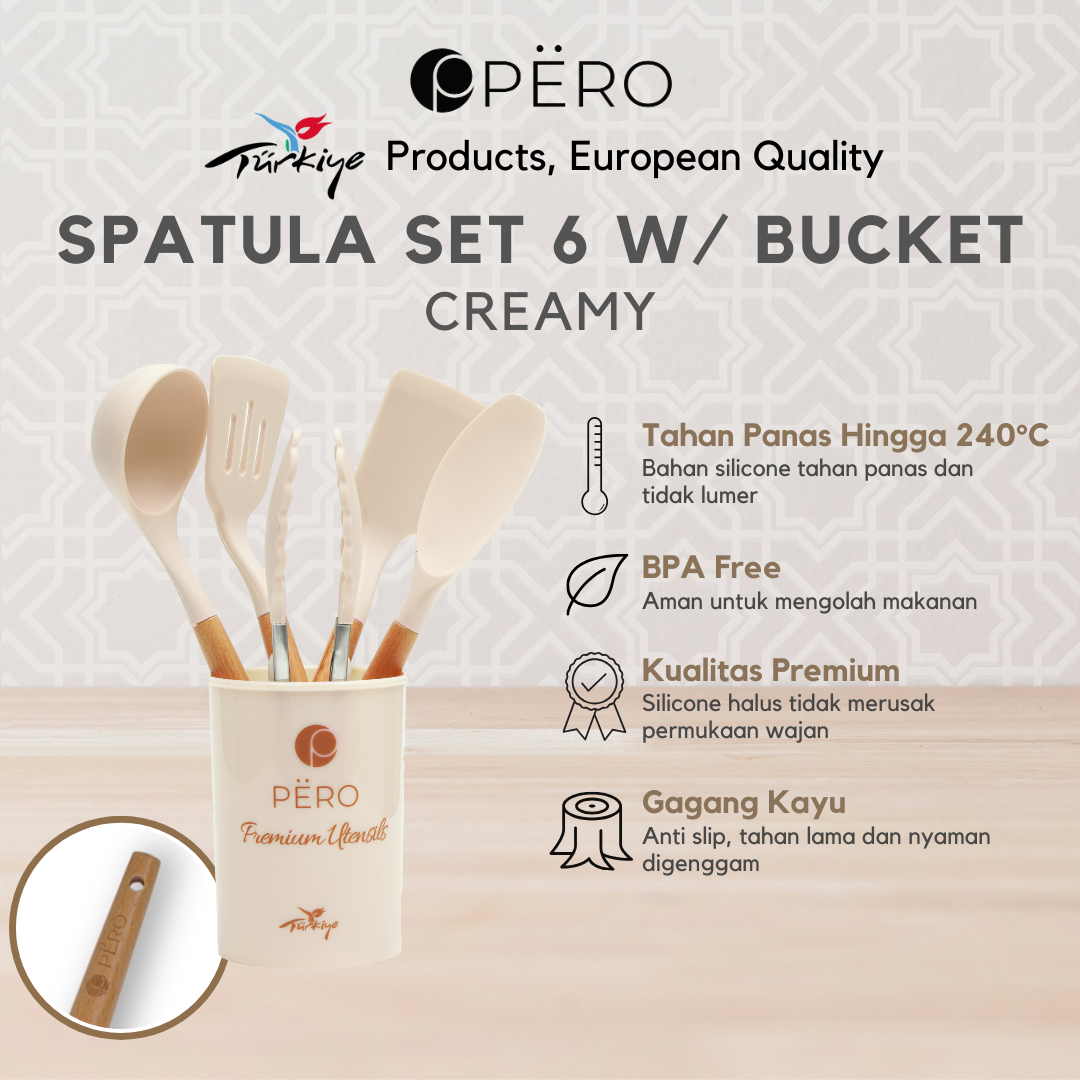 PERO Spatula Silicone Tahan Panas Set of 6 / Spatula Silikon Tahan Panas Set dengan Holder - Rose Gold, Creamy, Green Sage