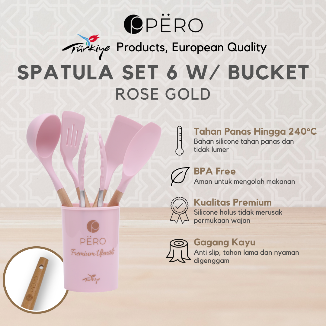 PERO Spatula Silicone Tahan Panas Set of 6 / Spatula Silikon Tahan Panas Set dengan Holder - Rose Gold, Creamy, Green Sage