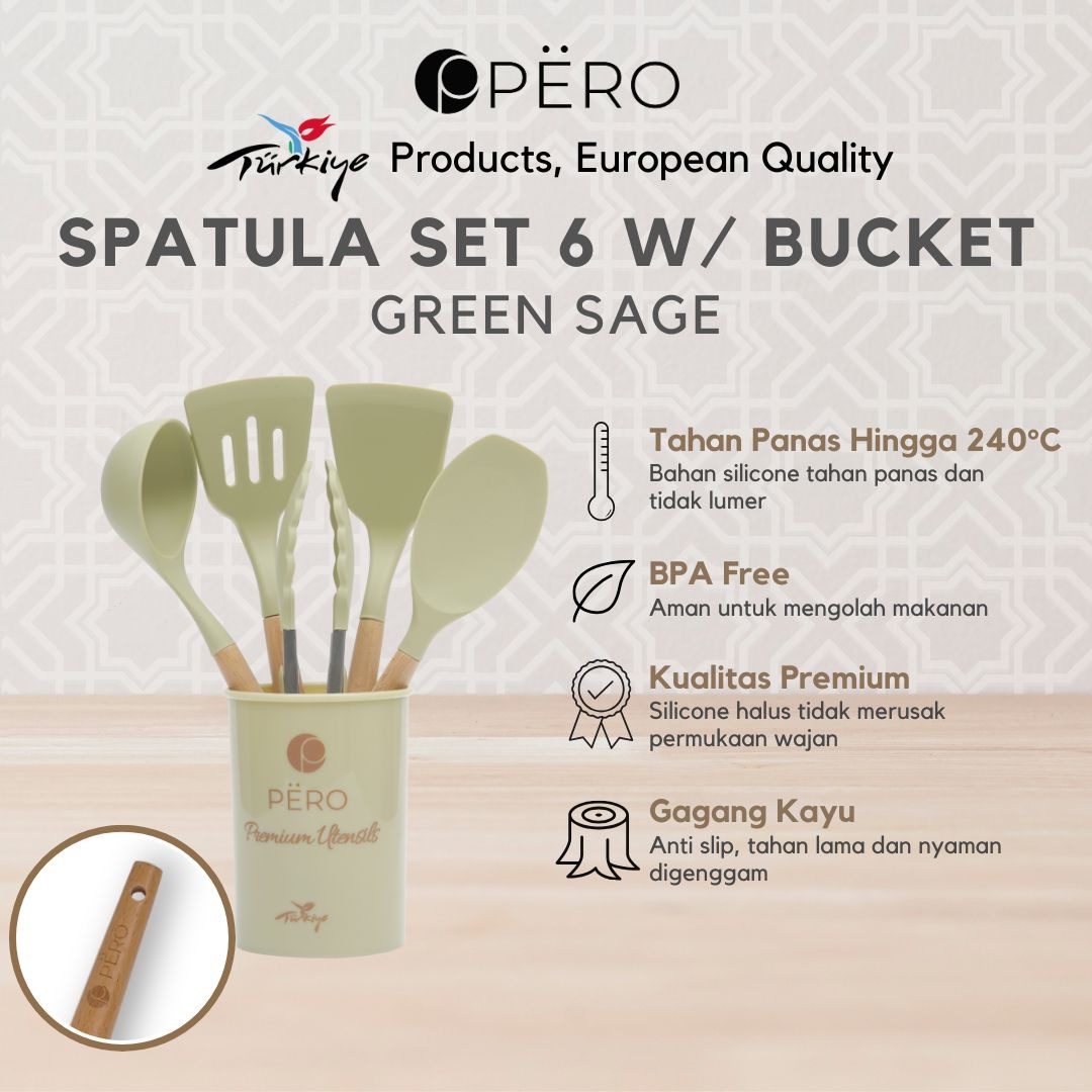 PERO Spatula Silicone Tahan Panas Set of 6 / Spatula Silikon Tahan Panas Set dengan Holder - Rose Gold, Creamy, Green Sage